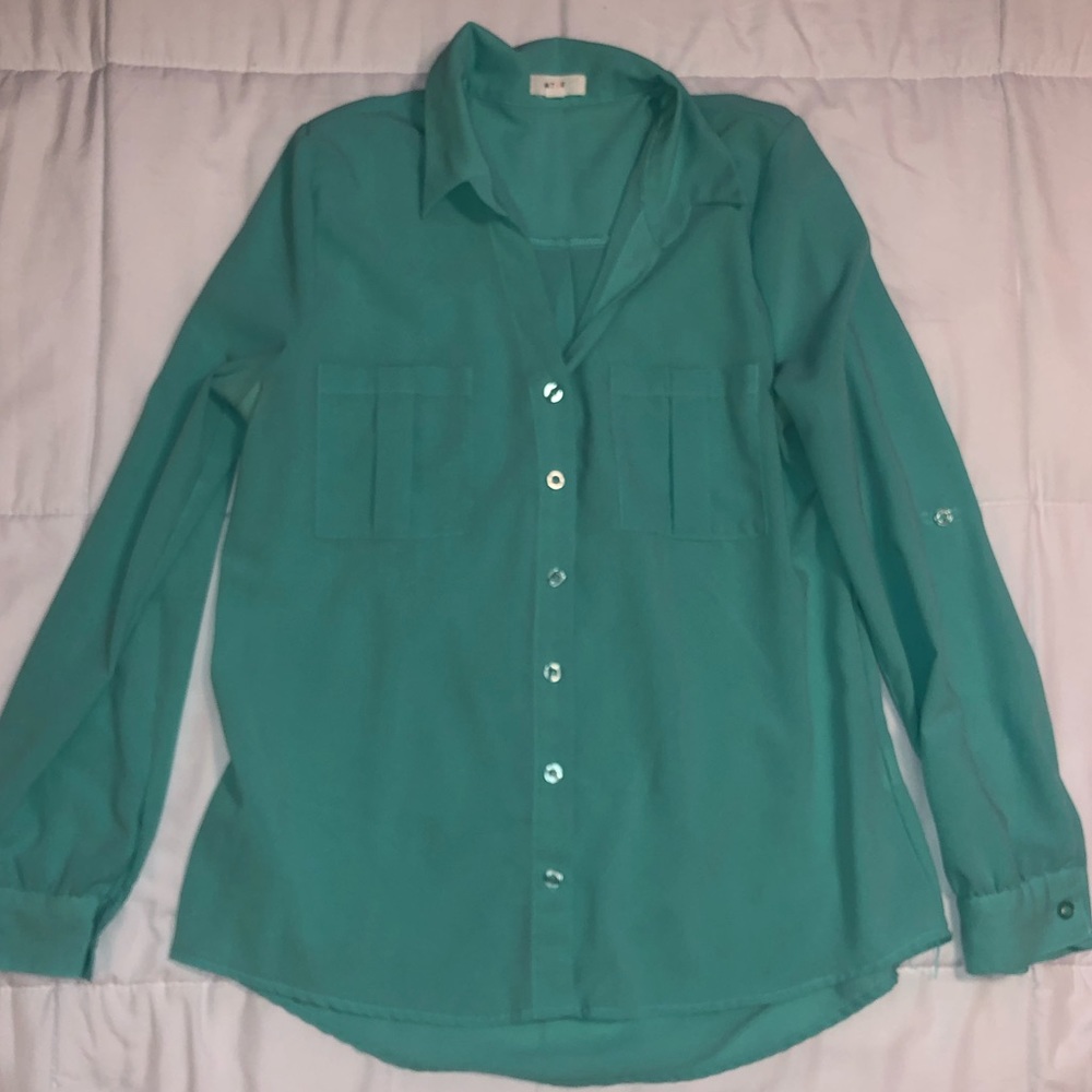 Teal Chiffon Long-sleeve Button Down